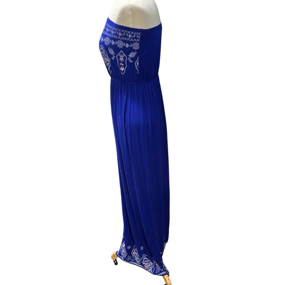 Love Tree Blue Strapless y Border Print Maxi Dress Medium Tube Top Gown #508 - Picture 4 of 8